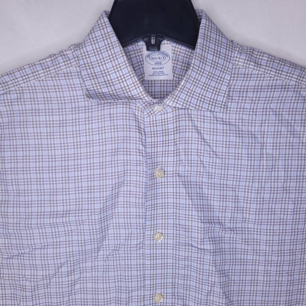 Brooks Brothers Dress Shirt Mens 16.5 Plaid Gray, White 36/37 Regent Non Iron